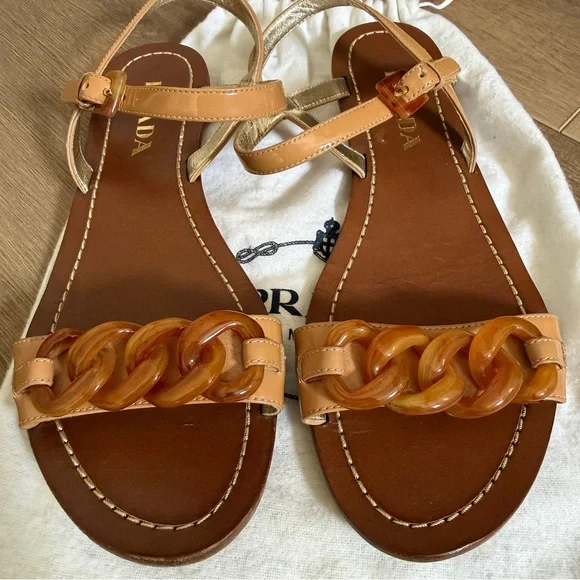 PRADA Leather Nude Sandal 37 Tortoise Shell Style Chain Links Strappy Flat Italy - Picture 8 of 14
